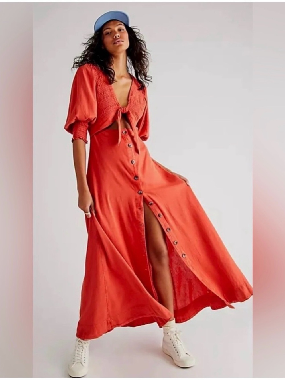 Free People Coral Maxi Tie-Front Button Dress